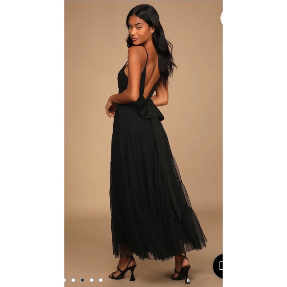 Lulu’s - S- Made to be Magical Black Dotted Tie-Back Tiered Midi Dress